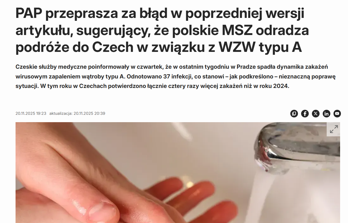 PAP apologised for misinformation about warnings against travel to Czechia. CzechTourism's initiative in Poland has led to a correction